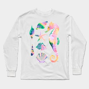 Watercolor Under the Sea Pattern - Retro Pastel Long Sleeve T-Shirt